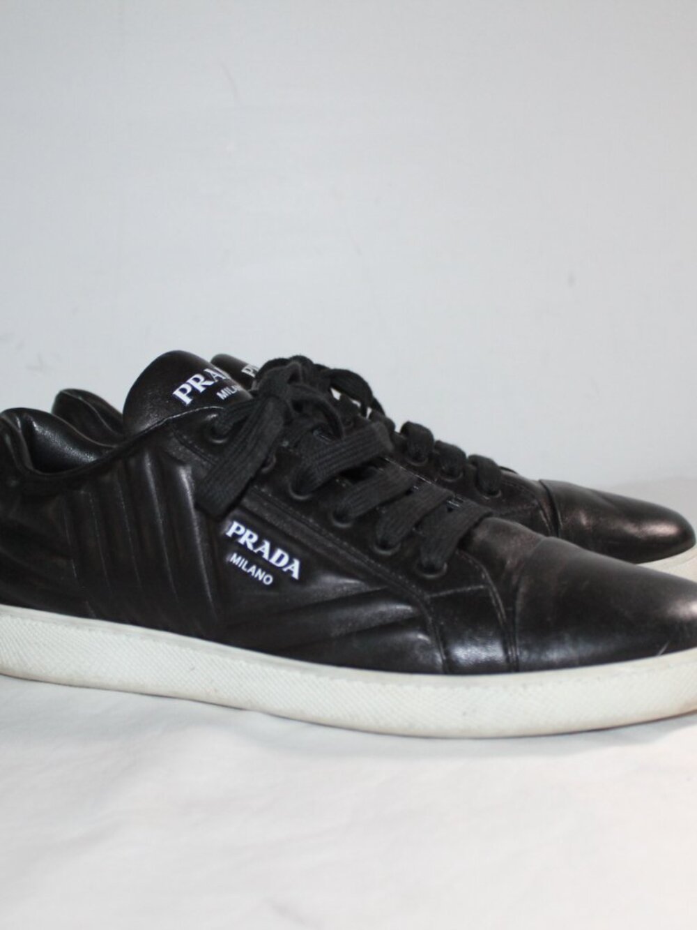 Prada Quilted Black Triangle Logo Sneakers Low Top Lace Up Loafers Leather 40.5